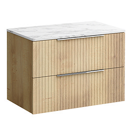 Milan Fluted 800mm Autumn Oak Vanity Unit - Wall Hung 2 Drawer Unit with Carrara Marble Worktop & Chrome Handles