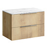 Milan Fluted 800mm Autumn Oak Vanity Unit - Wall Hung 2 Drawer Unit with Carrara Marble Worktop & Chrome Handles