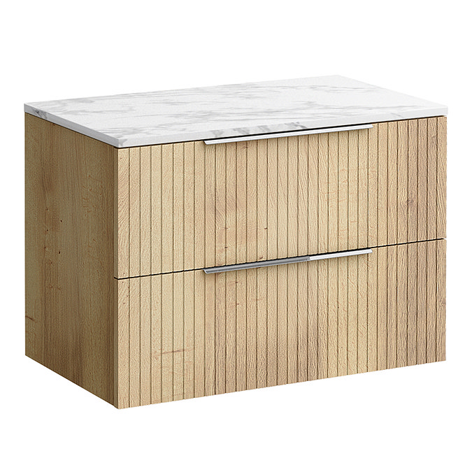 Milan Fluted 800mm Autumn Oak Vanity Unit - Wall Hung 2 Drawer Unit with Carrara Marble Worktop & Chrome Handles