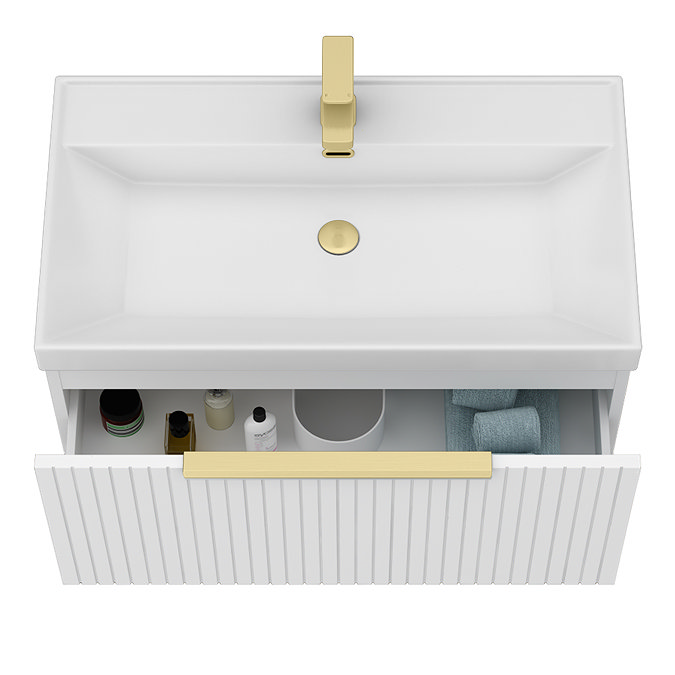 Milan Fluted 800mm Matt White 1-Drawer Wall Hung Vanity Unit with Brushed Brass Handle