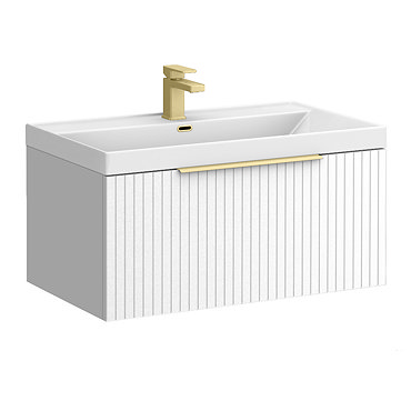 Milan Fluted 800mm Matt White 1-Drawer Wall Hung Vanity Unit with Brushed Brass Handle
