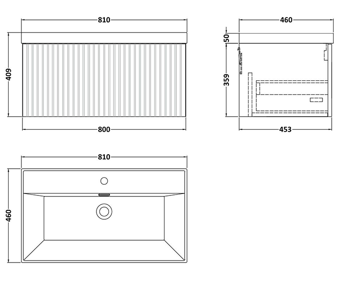 Milan Fluted 800mm Matt White 1-Drawer Wall Hung Vanity Unit with Chrome Handle