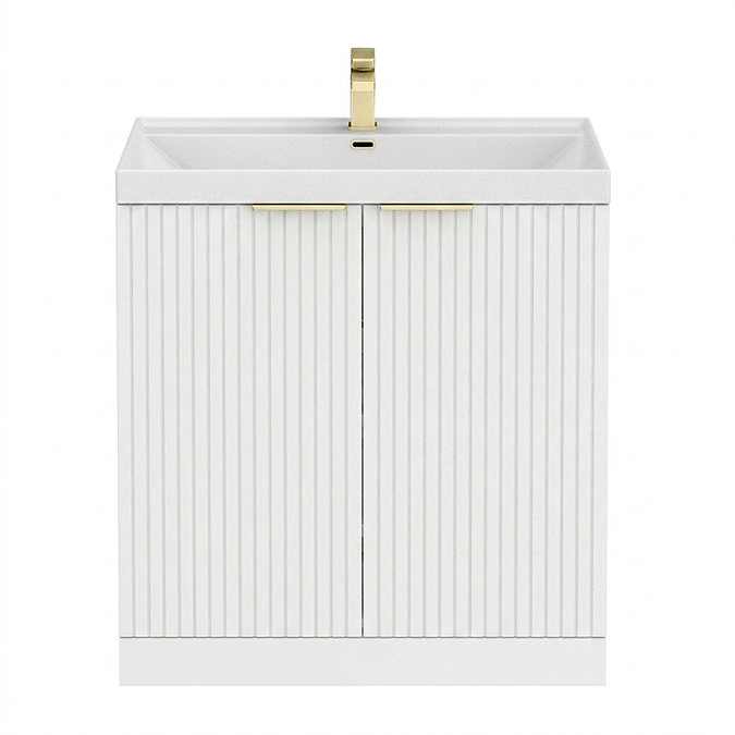 Milan Fluted 800mm Matt White 2-Door Floor Standing Vanity Unit with Brushed Brass Handles