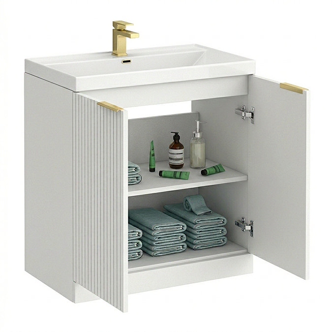 Milan Fluted 800mm Matt White 2-Door Floor Standing Vanity Unit with Brushed Brass Handles