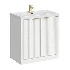 Milan Fluted 800mm Matt White 2-Door Floor Standing Vanity Unit with Brushed Brass Handles