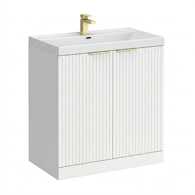 Milan Fluted 800mm Matt White 2-Door Floor Standing Vanity Unit with Brushed Brass Handles