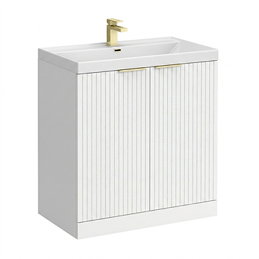 Milan Fluted 800mm Matt White 2-Door Floor Standing Vanity Unit with Brushed Brass Handles