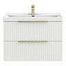Milan Fluted 800mm Matt White 2-Drawer Wall Hung Vanity Unit with Brushed Brass Handles