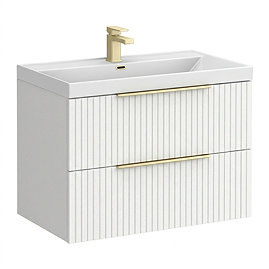 Milan Fluted 800mm Matt White 2-Drawer Wall Hung Vanity Unit with Brushed Brass Handles