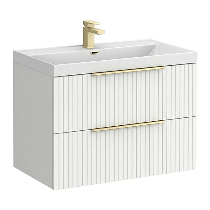 Milan Fluted 800mm Matt White 2-Drawer Wall Hung Vanity Unit with Brushed Brass Handles