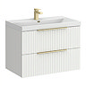 Milan Fluted 800mm Matt White 2-Drawer Wall Hung Vanity Unit with Brushed Brass Handles
