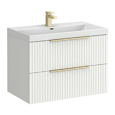 Milan Fluted 800mm Matt White 2-Drawer Wall Hung Vanity Unit with Brushed Brass Handles