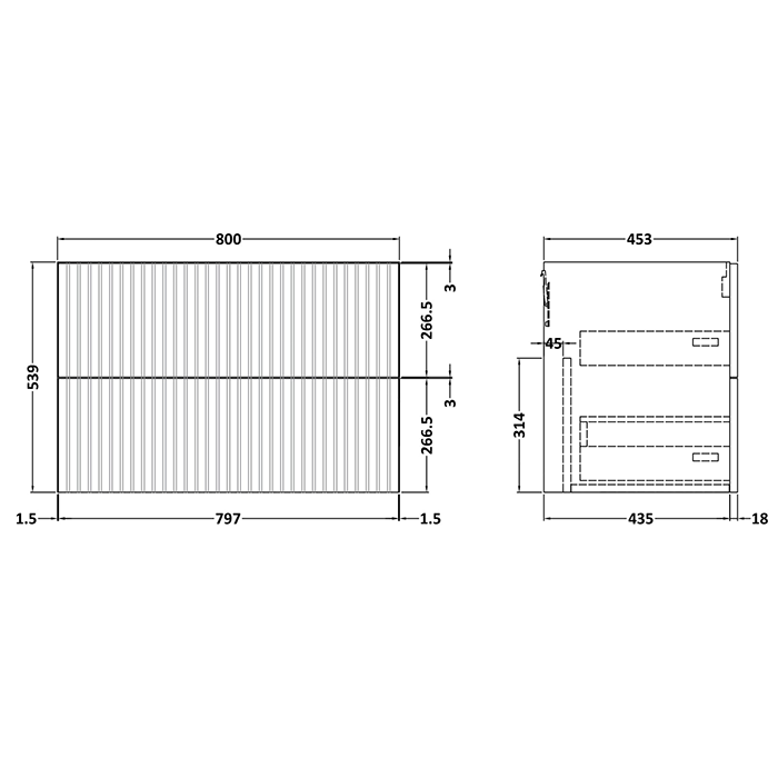 Milan Fluted 800mm Matt White 2-Drawer Wall Hung Vanity Unit with Chrome Handles