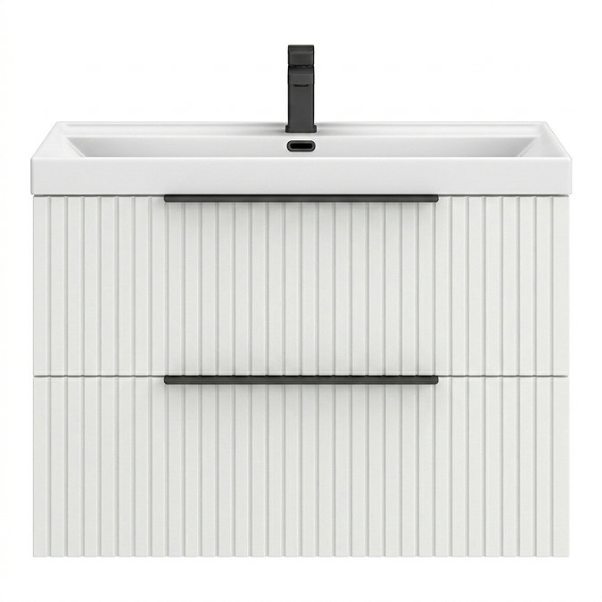 Milan Fluted 800mm Matt White 2-Drawer Wall Hung Vanity Unit with Matt Black Handles