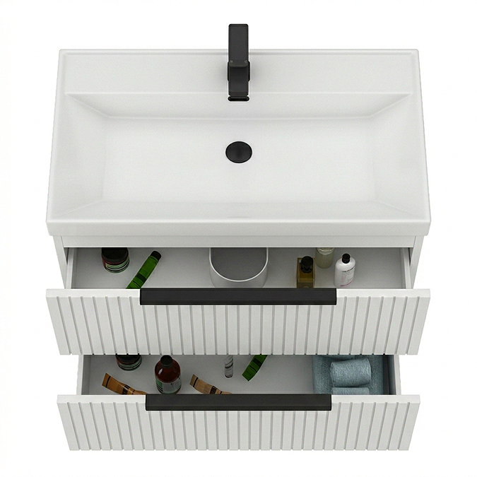 Milan Fluted 800mm Matt White 2-Drawer Wall Hung Vanity Unit with Matt Black Handles