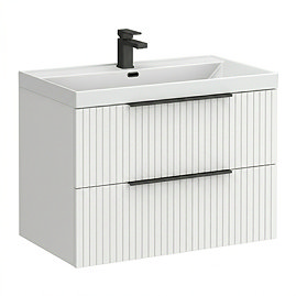 Milan Fluted 800mm Matt White 2-Drawer Wall Hung Vanity Unit with Matt Black Handles