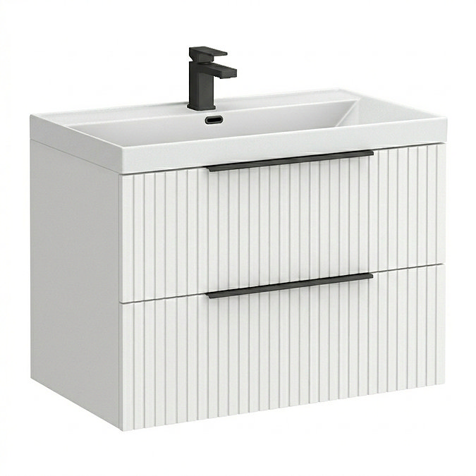 Milan Fluted 800mm Matt White 2-Drawer Wall Hung Vanity Unit with Matt Black Handles