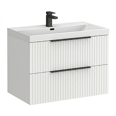 Milan Fluted 800mm Matt White 2-Drawer Wall Hung Vanity Unit with Matt Black Handles