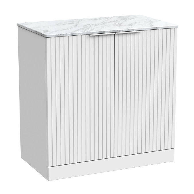Milan Fluted 800mm Matt White Vanity Unit - Floor Standing 2-Door Unit with Carrara Marble Worktop & Chrome Handles