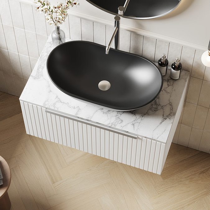 Milan Fluted 800mm Matt White Vanity Unit - Wall Hung 1 Drawer Unit with Carrara Marble Worktop & Chrome Handle