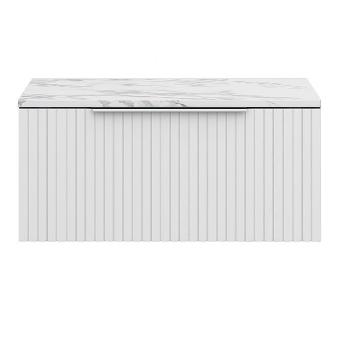 Milan Fluted 800mm Matt White Vanity Unit - Wall Hung 1 Drawer Unit with Carrara Marble Worktop & Chrome Handle