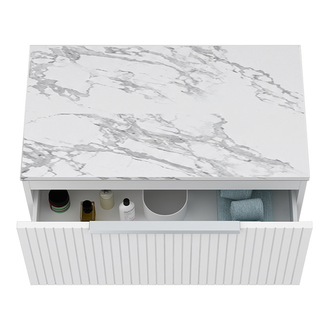 Milan Fluted 800mm Matt White Vanity Unit - Wall Hung 1 Drawer Unit with Carrara Marble Worktop & Chrome Handle