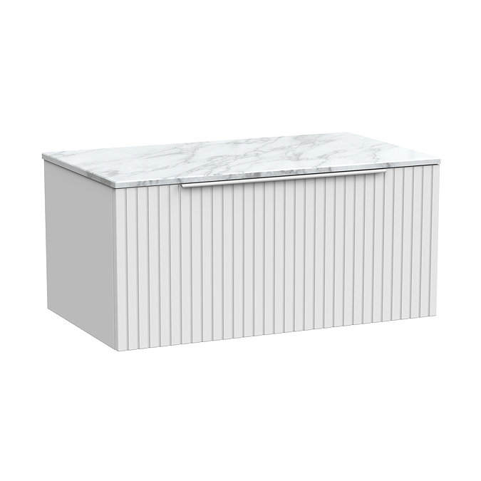 Milan Fluted 800mm Matt White Vanity Unit - Wall Hung 1 Drawer Unit with Carrara Marble Worktop & Chrome Handle
