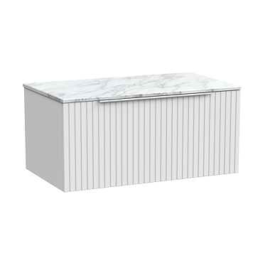 Milan Fluted 800mm Matt White Vanity Unit - Wall Hung 1 Drawer Unit with Carrara Marble Worktop & Chrome Handle