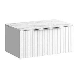 Milan Fluted 800mm Matt White Vanity Unit - Wall Hung 1 Drawer Unit with Carrara Marble Worktop & Chrome Handle