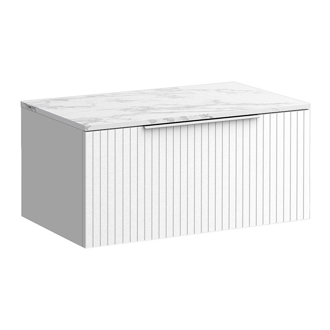Milan Fluted 800mm Matt White Vanity Unit - Wall Hung 1 Drawer Unit with Carrara Marble Worktop & Chrome Handle