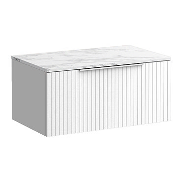Milan Fluted 800mm Matt White Vanity Unit - Wall Hung 1 Drawer Unit with Carrara Marble Worktop & Chrome Handle