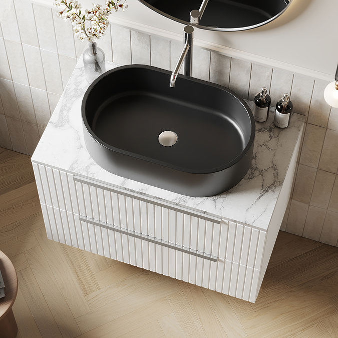 Milan Fluted 800mm Matt White Vanity Unit - Wall Hung 2 Drawer Unit with Carrara Marble Worktop & Chrome Handles