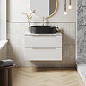 Milan Fluted 800mm Matt White Vanity Unit - Wall Hung 2 Drawer Unit with Carrara Marble Worktop & Chrome Handles