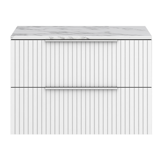 Milan Fluted 800mm Matt White Vanity Unit - Wall Hung 2 Drawer Unit with Carrara Marble Worktop & Chrome Handles