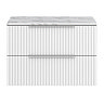 Milan Fluted 800mm Matt White Vanity Unit - Wall Hung 2 Drawer Unit with Carrara Marble Worktop & Chrome Handles