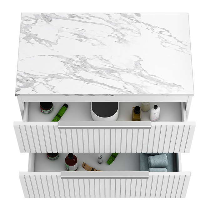 Milan Fluted 800mm Matt White Vanity Unit - Wall Hung 2 Drawer Unit with Carrara Marble Worktop & Chrome Handles