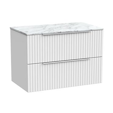 Milan Fluted 800mm Matt White Vanity Unit - Wall Hung 2 Drawer Unit with Carrara Marble Worktop & Chrome Handles