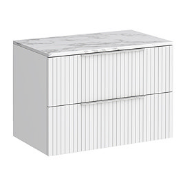 Milan Fluted 800mm Matt White Vanity Unit - Wall Hung 2 Drawer Unit with Carrara Marble Worktop & Chrome Handles
