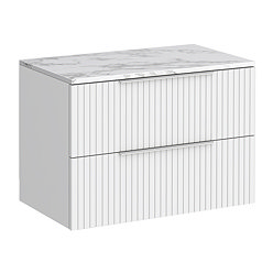 Milan Fluted 800mm Matt White Vanity Unit - Wall Hung 2 Drawer Unit with Carrara Marble Worktop & Chrome Handles