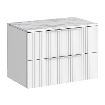 Milan Fluted 800mm Matt White Vanity Unit - Wall Hung 2 Drawer Unit with Carrara Marble Worktop & Chrome Handles