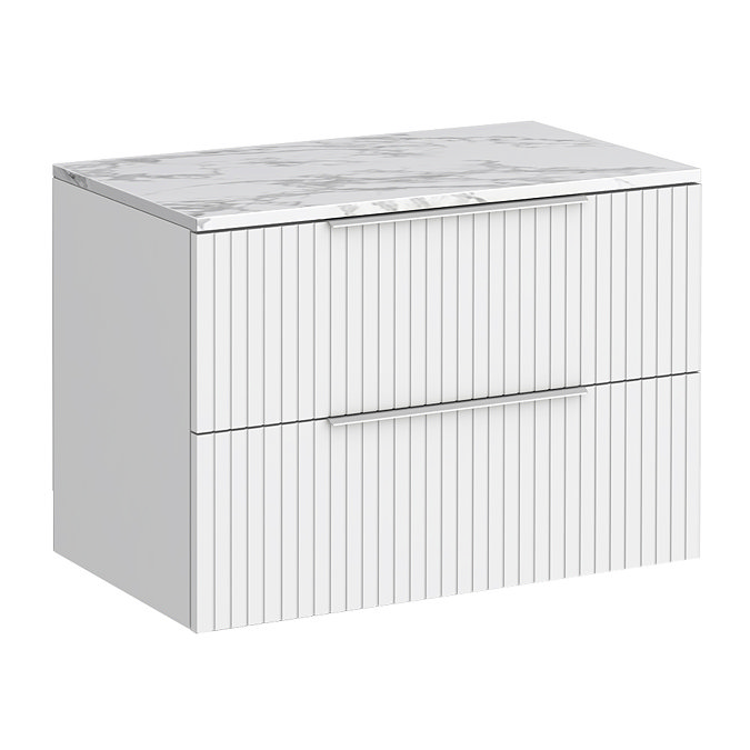 Milan Fluted 800mm Matt White Vanity Unit - Wall Hung 2 Drawer Unit with Carrara Marble Worktop & Chrome Handles