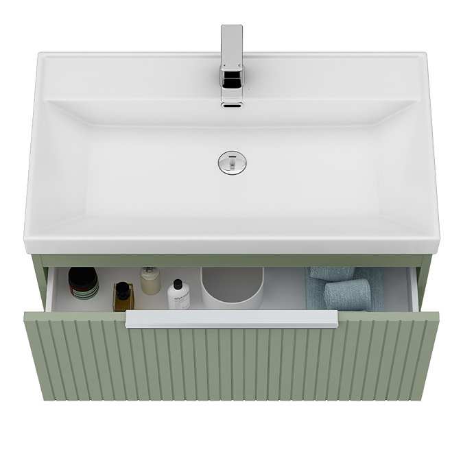 Milan Fluted 800mm Satin Green 1-Drawer Wall Hung Vanity Unit with Chrome Handle