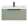 Milan Fluted 800mm Satin Green 1-Drawer Wall Hung Vanity Unit with Matt Black Handle