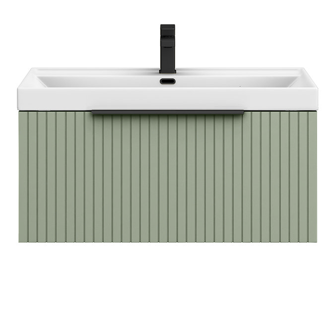 Milan Fluted 800mm Satin Green 1-Drawer Wall Hung Vanity Unit with Matt Black Handle