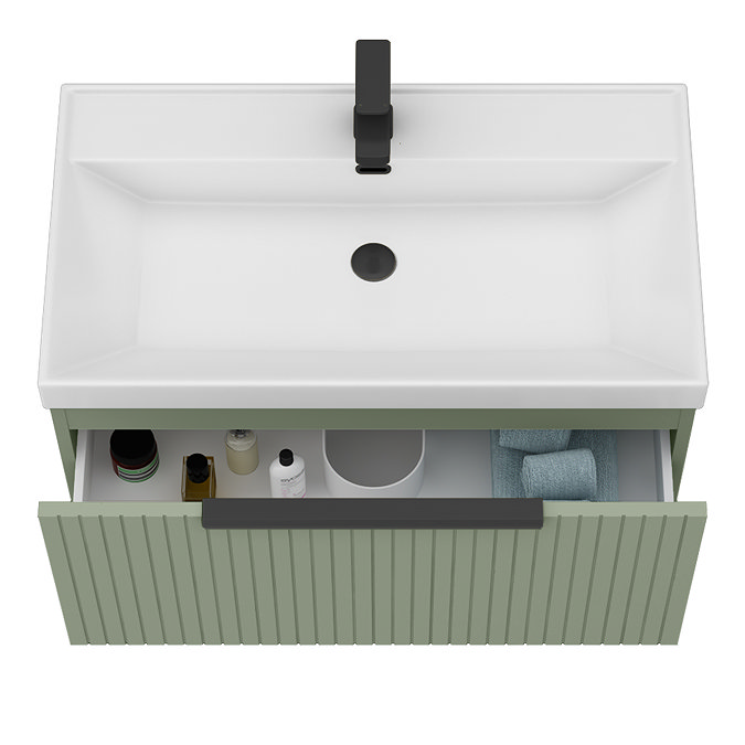 Milan Fluted 800mm Satin Green 1-Drawer Wall Hung Vanity Unit with Matt Black Handle