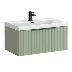 Milan Fluted 800mm Satin Green 1-Drawer Wall Hung Vanity Unit with Matt Black Handle