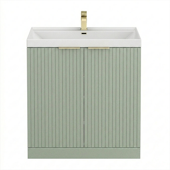 Milan Fluted 800mm Satin Green 2-Door Floor Standing Vanity Unit with Brushed Brass Handles