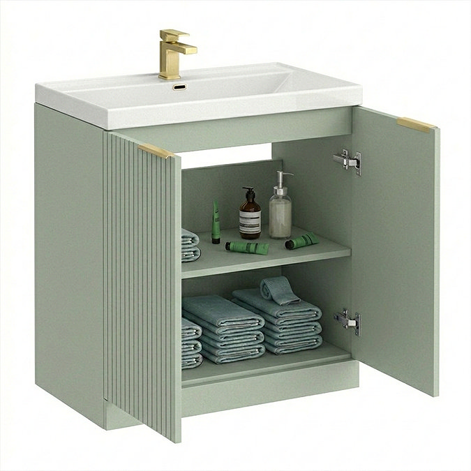 Milan Fluted 800mm Satin Green 2-Door Floor Standing Vanity Unit with Brushed Brass Handles