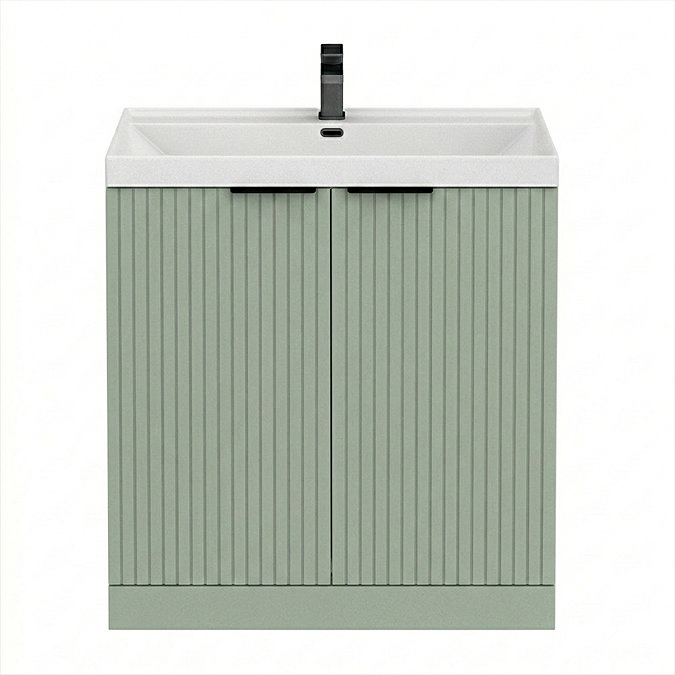 Milan Fluted 800mm Satin Green 2-Door Floor Standing Vanity Unit with Matt Black Handles