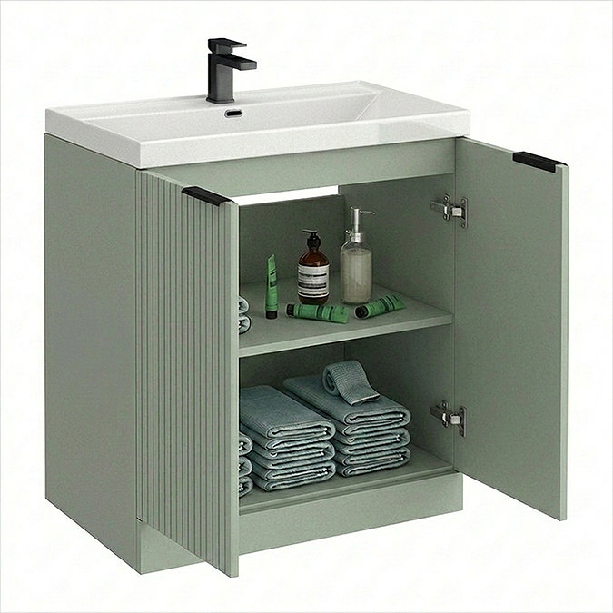 Milan Fluted 800mm Satin Green 2-Door Floor Standing Vanity Unit with Matt Black Handles